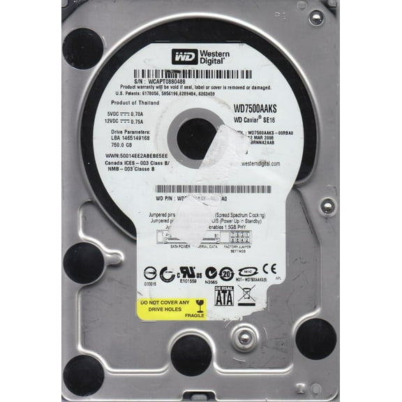 WD7500AAKS-00RBA0, DCM HBRNNA2AAB, Western Digital 750GB SATA 3.5 Hard Drive