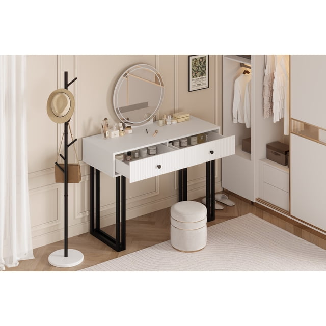 Coiffeuse Éclairée à DEL avec Miroir et 2 Tiroirs de Rangement, Table de Maquillage Moderne avec Éclairage à 3 Couleurs Réglables, Organisateur Cosmétique Blanc et Noir pour Chambre, Appartement, Dortoir