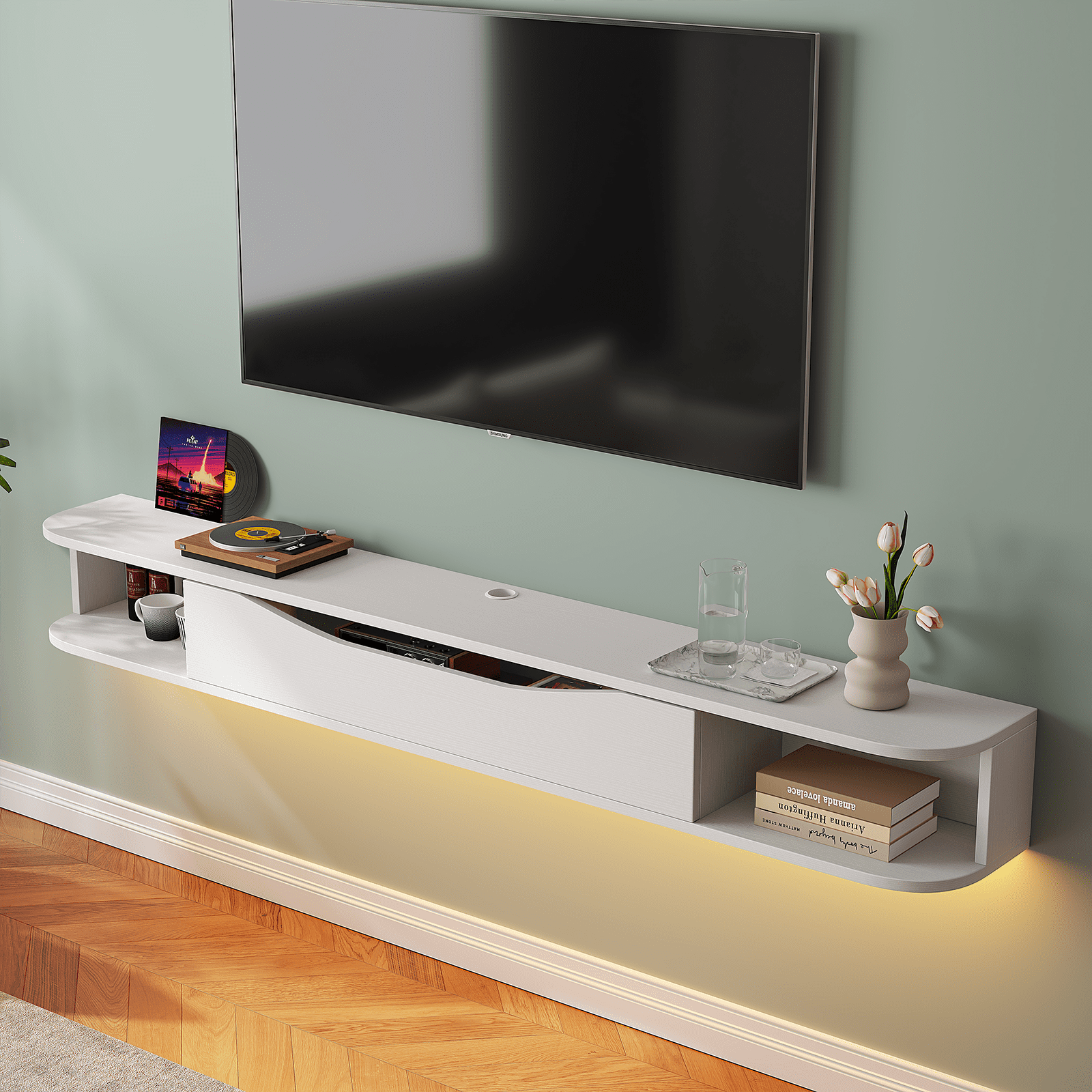 FloatiCasa 55" Floating TV Stand Wall Mounted TV Console for TVs up to 60" Entertainment Center Floating TV Shelf(White)