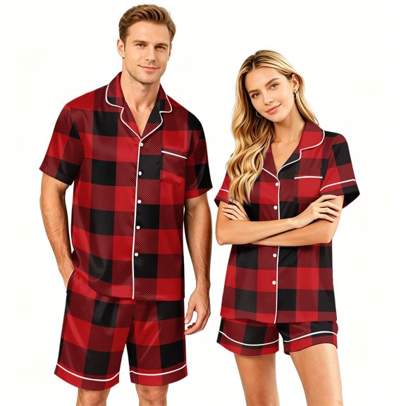 Couple Pajamas 2 Piece Lounge Pajama Set Silk Satin Pajama Matching Button Down Tops and Shorts Soft Sleepwear S-Xxxxl(Men)