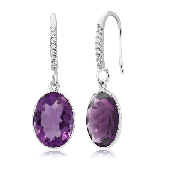 Gem Stone King 925 Sterling Silver 10.00 Ct Purple Amethyst 10x14mm Oval Dangle Earrings