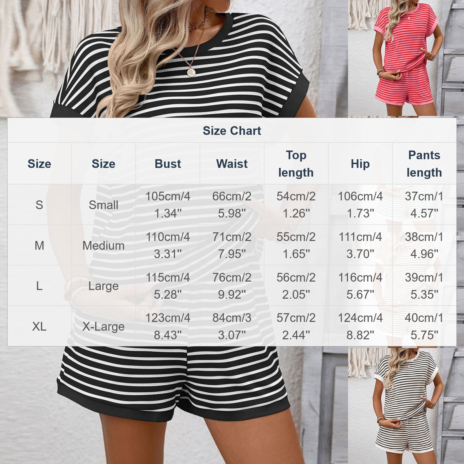 Women Casual Summer 2 Piece Sets Striped Waffle Knit Short Sleeve T Shirts & Shorts Loungewear Pajamas Matching Set