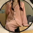 thumbnail image 4 of Sarapandan Long Sleeve Jammies Button Front Nightwear Milk Silk Soft Cuff Edge Long Pants Loungewear Jammies Pink M, 4 of 7