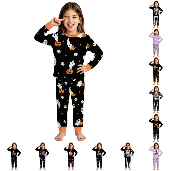 WhouRiu Girls Halloween Graphic Pajamas Long Sleeve Crew Neck T Shirts And Pants Pajama Set 2 Piece Kids Autumn Winter Cozy Cute Sleepwear,7-8 Years