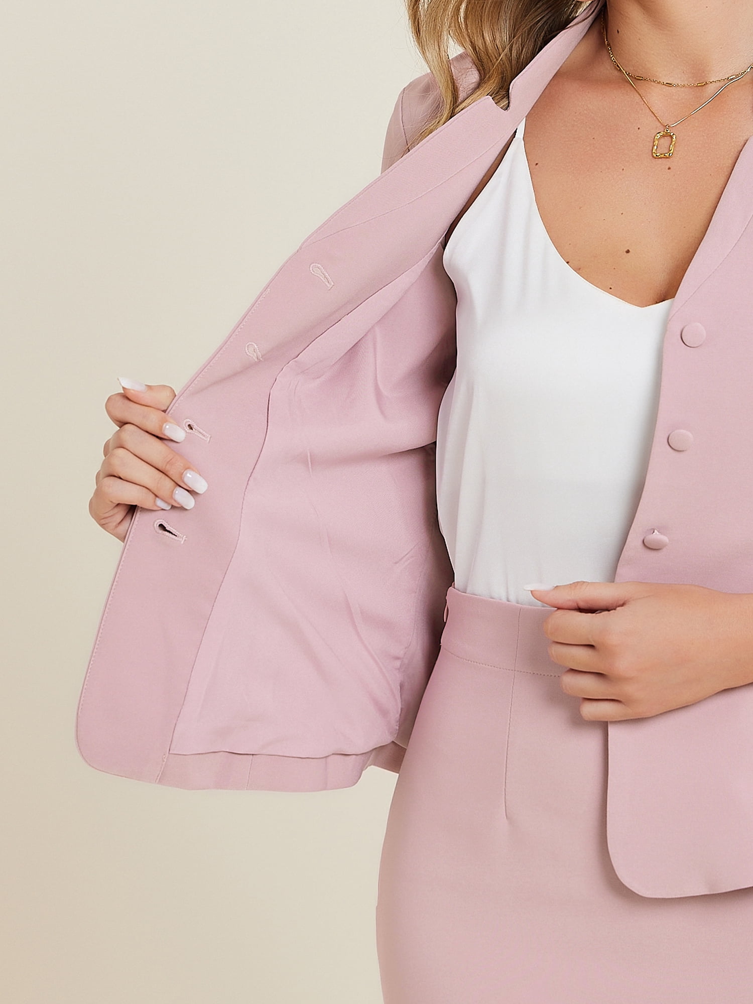 DARING DIVA 2Pcs Women's Notched Collar Business Pencil Skirt Suit Set XL Grey Pink