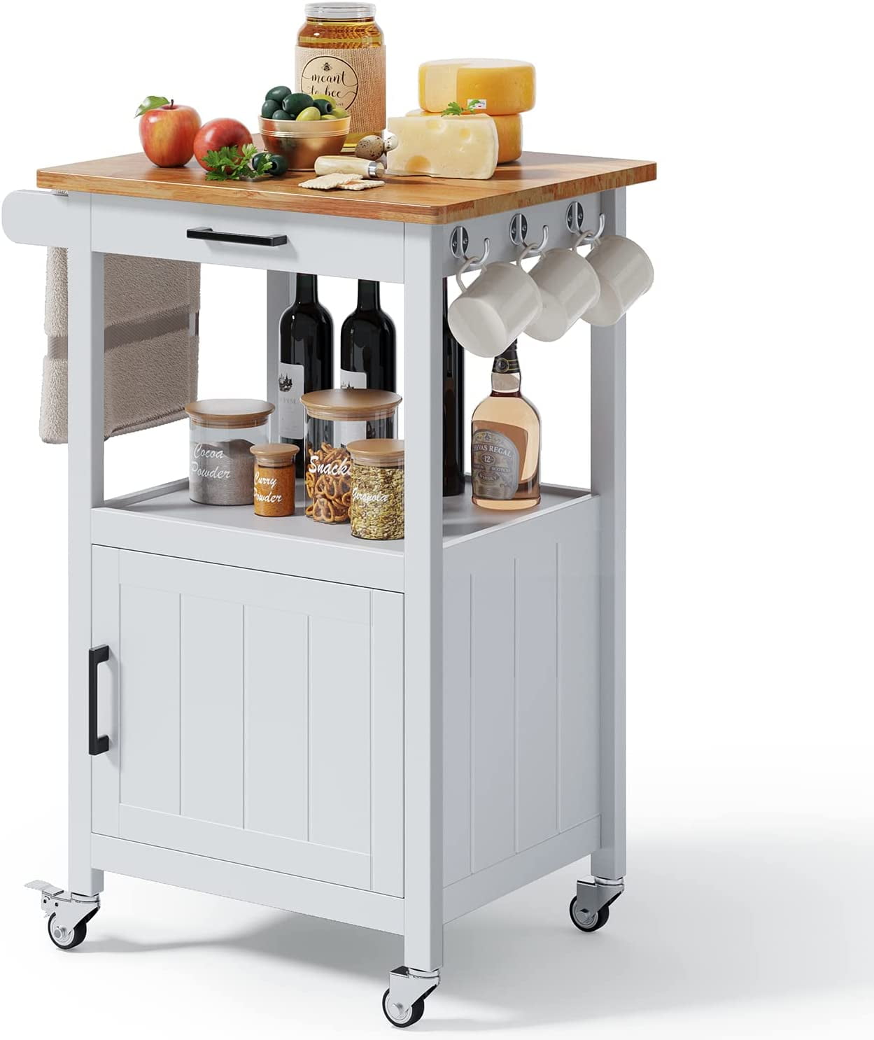 Microwave Stand, Lofka Kitchen Island Cart with Cabinet, Microwave Cart with Storage Drawer, Towel Rack, Hooks, White(Carrito de isla de cocina)
