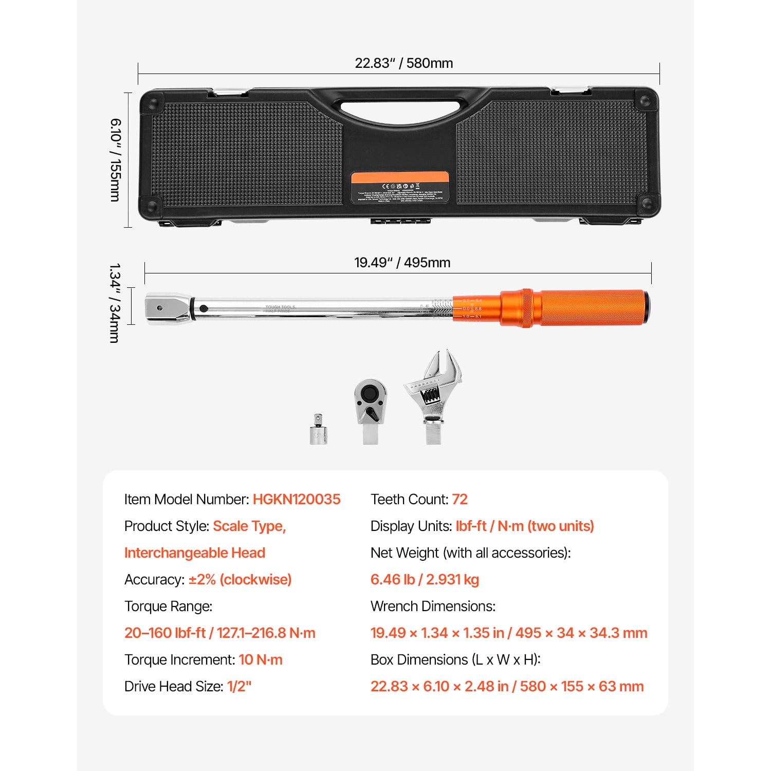 KFFKFF Adjustable Click Torque Wrench, 1/2 Inch Drive, 20-160 lbf-ft/27.1-216.8 N.m, Dual-Direction with Dual Range Scales, 72-Tooth Design, ±2% Accuracy, Includes Adapter, Interchangeable Jaw
