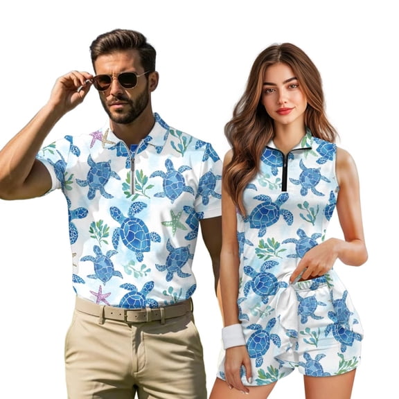 KUIFORTI Matching Couple Tennis Shirts Sea Turtle Matching Couple Sport Shirts Woman Golf Clothing Set with Pocket Built in Shorts Quick Dry for Golf,Tennis,Hiking,Running,Gym