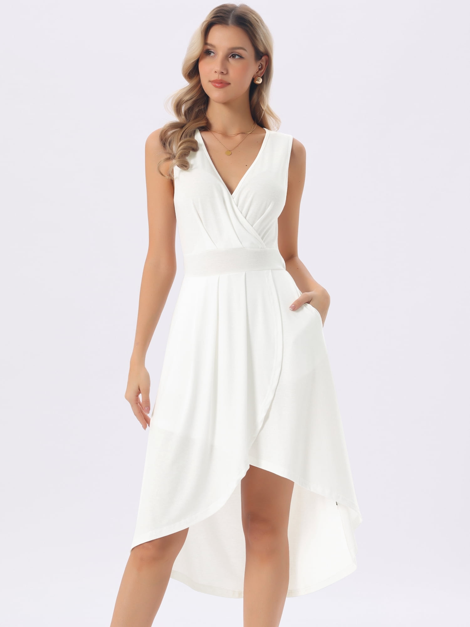 DARING DIVA Women's Elegant V Neck Sleeveless Midi Wrap Dresses S White