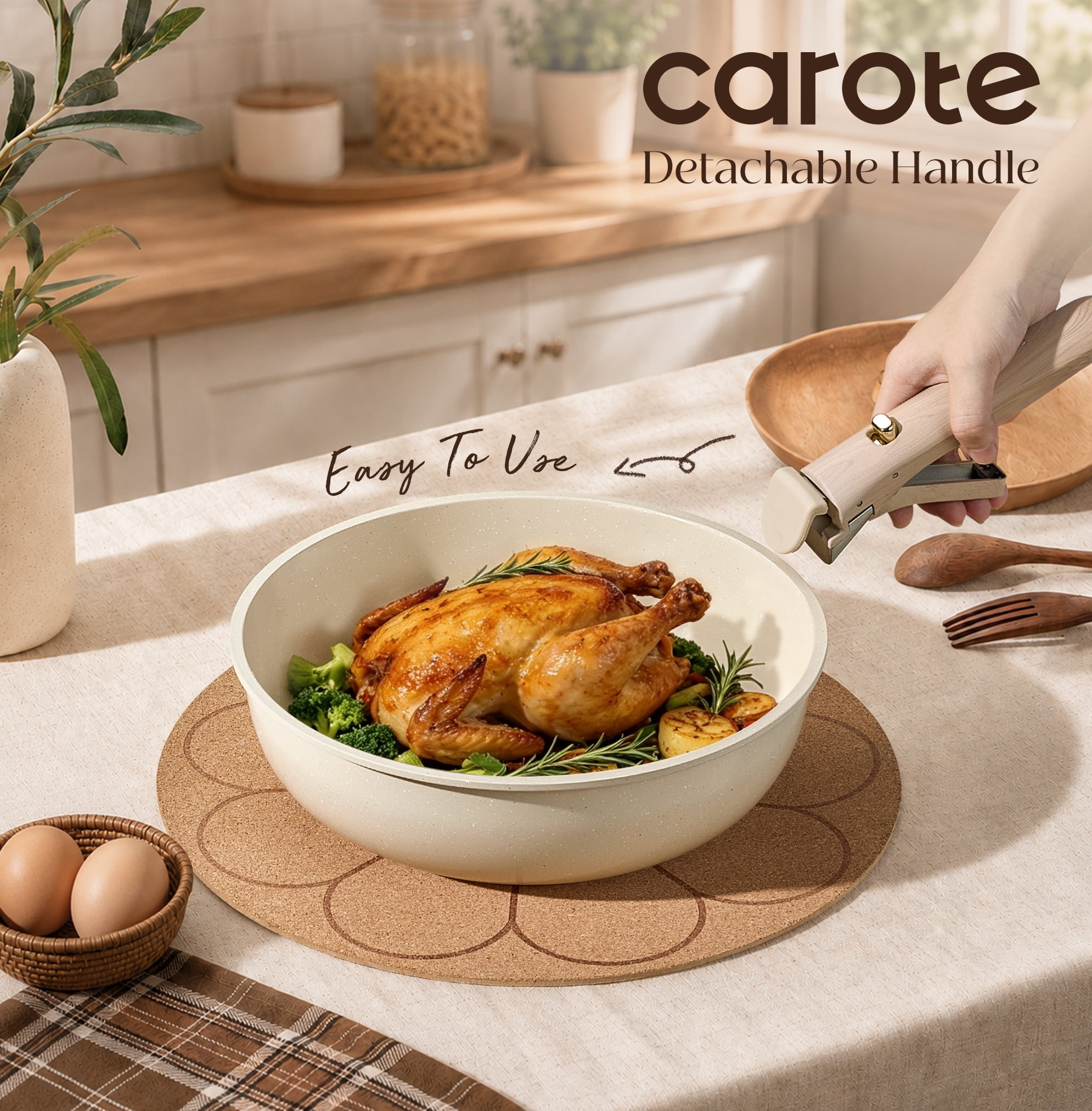 Carote 24-Piece Detachable Cookware Set, Khaluna Cream White, Ceramic Nonstick, Made Without Intentionally Added PFAS