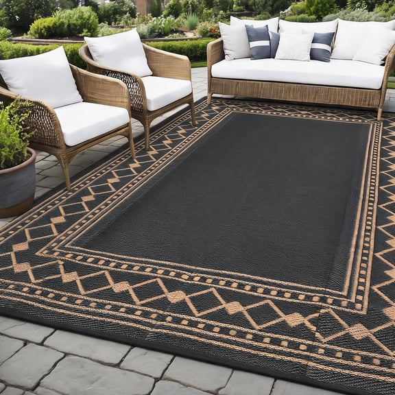 10x14 ft Modern Border Plastic Straw Rugs Black Brown Reversible Outdoor Carpet, Portable & Foldable, Easy to Clean, Indoor Outdoor Home Decor, for Patio Camping RV Deck Porch Balcony Backyard