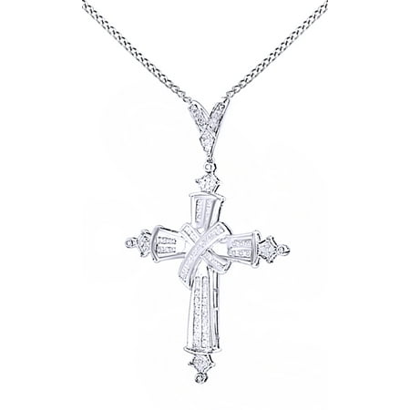 - Round & Baguette Cubic Zirconia Cross Hip Hop Pendant in 14K White Gold Over Sterling Silver (2.5 Cttw)