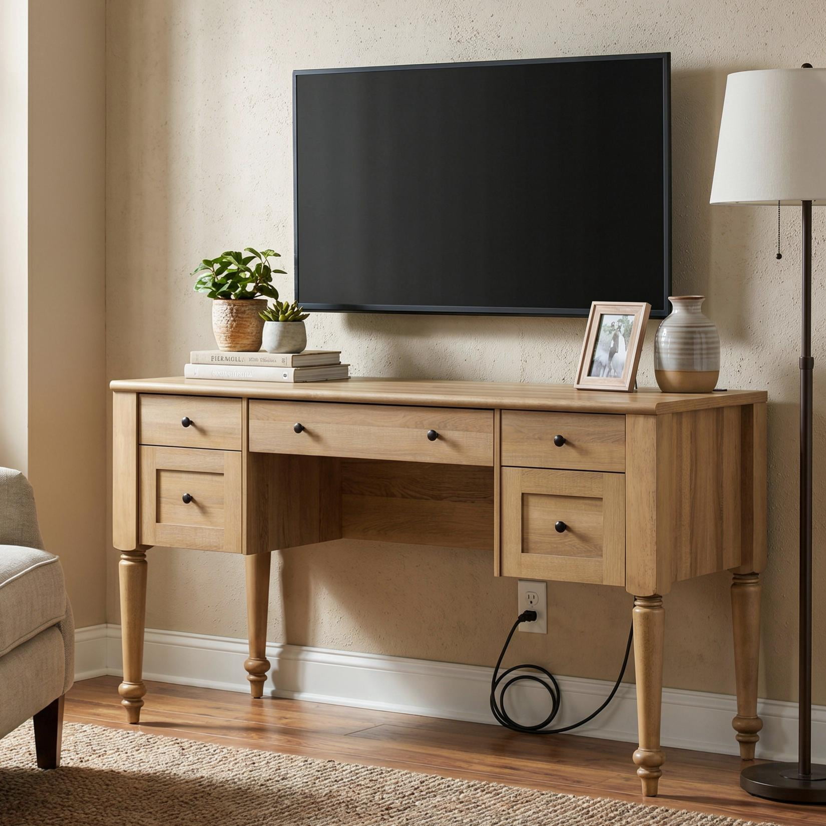 Farmhouse TV Stand for 60 Inch TV, Wood Entertainment Center with 5 Drawers, Storage Cabinets & Charging Station, Oak
