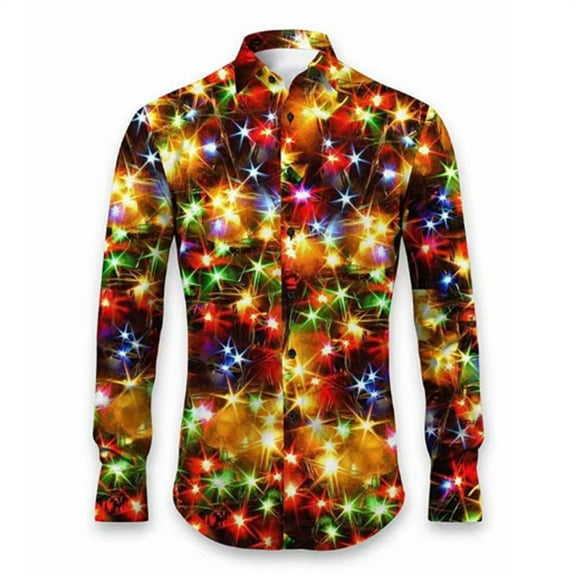 FAOWME Men's Christmas Shirt Long Sleeved Lapel Buttons Xmas Printed Fashion Comfortable Blouse Tops For Casual Daily Wear Gold L