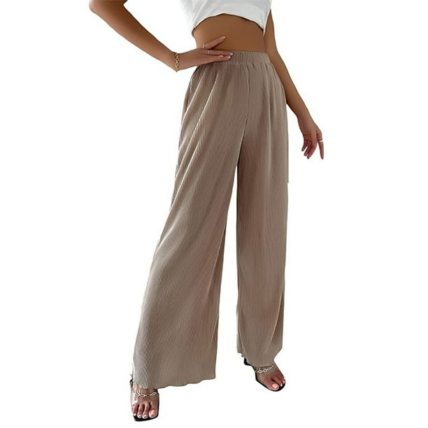 Pantalones de pierna ancha para mujer, cintura alta, informales, holgados, plisados, drapeados, pantalones largos de pierna ancha para citas en la oficina, salidas nocturnas diarias, caqui S