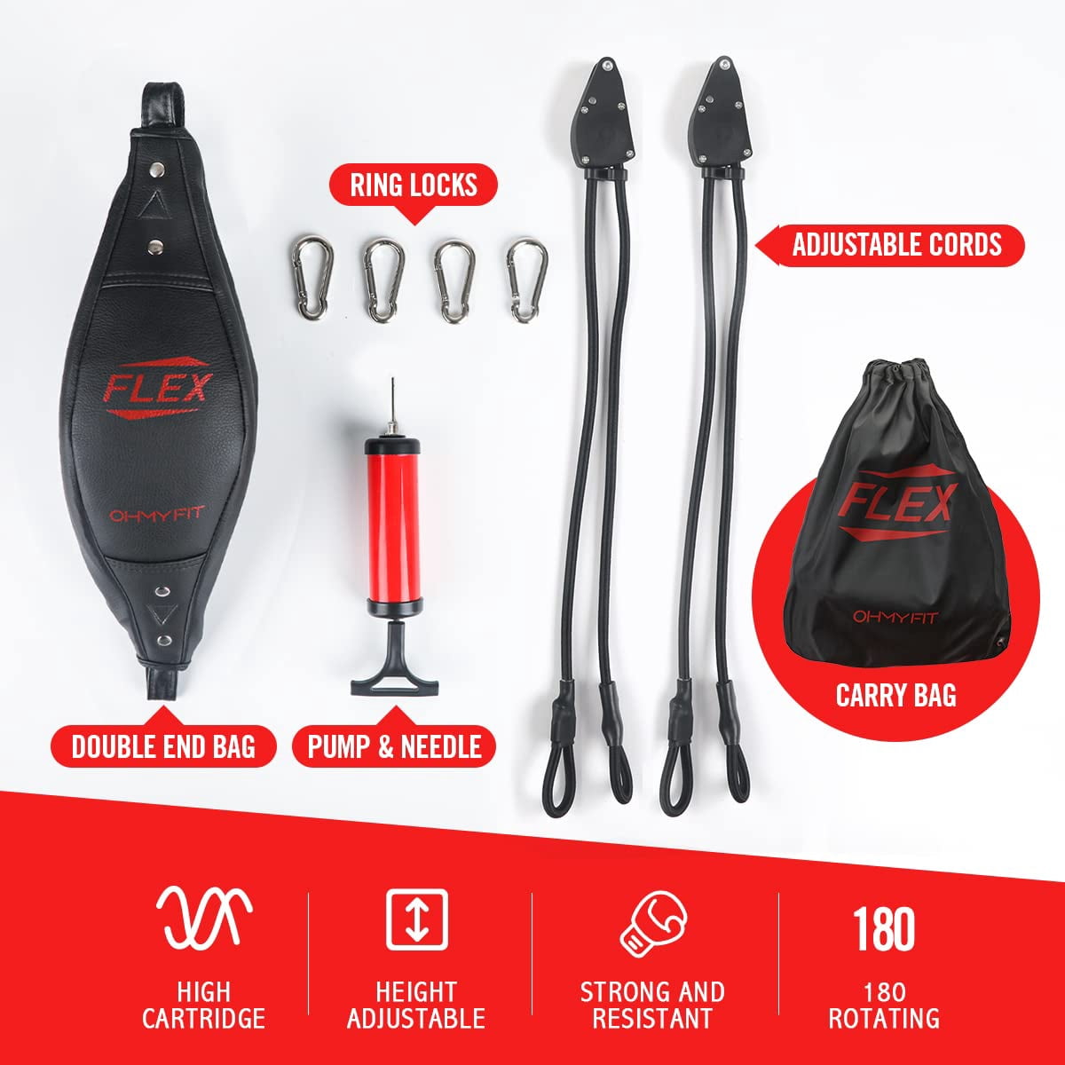 OHMY FIT FLEX Double End Punching Bag Easily Adjust Tension and Height of Cords with Special Flex Adjustable System. Advance Micro Fiber Material Strong Bladder Gym Exercise for Men&Women (Elliptical)