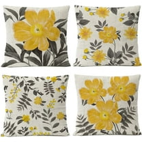 Gray Yellow Floral Pillow Covers 20x20 Set of 4 Grey Leaf Flowers Linen Cushion Cover Home Decorative Yellow Pillow Cases Office Couch Sofa Decor Pillows