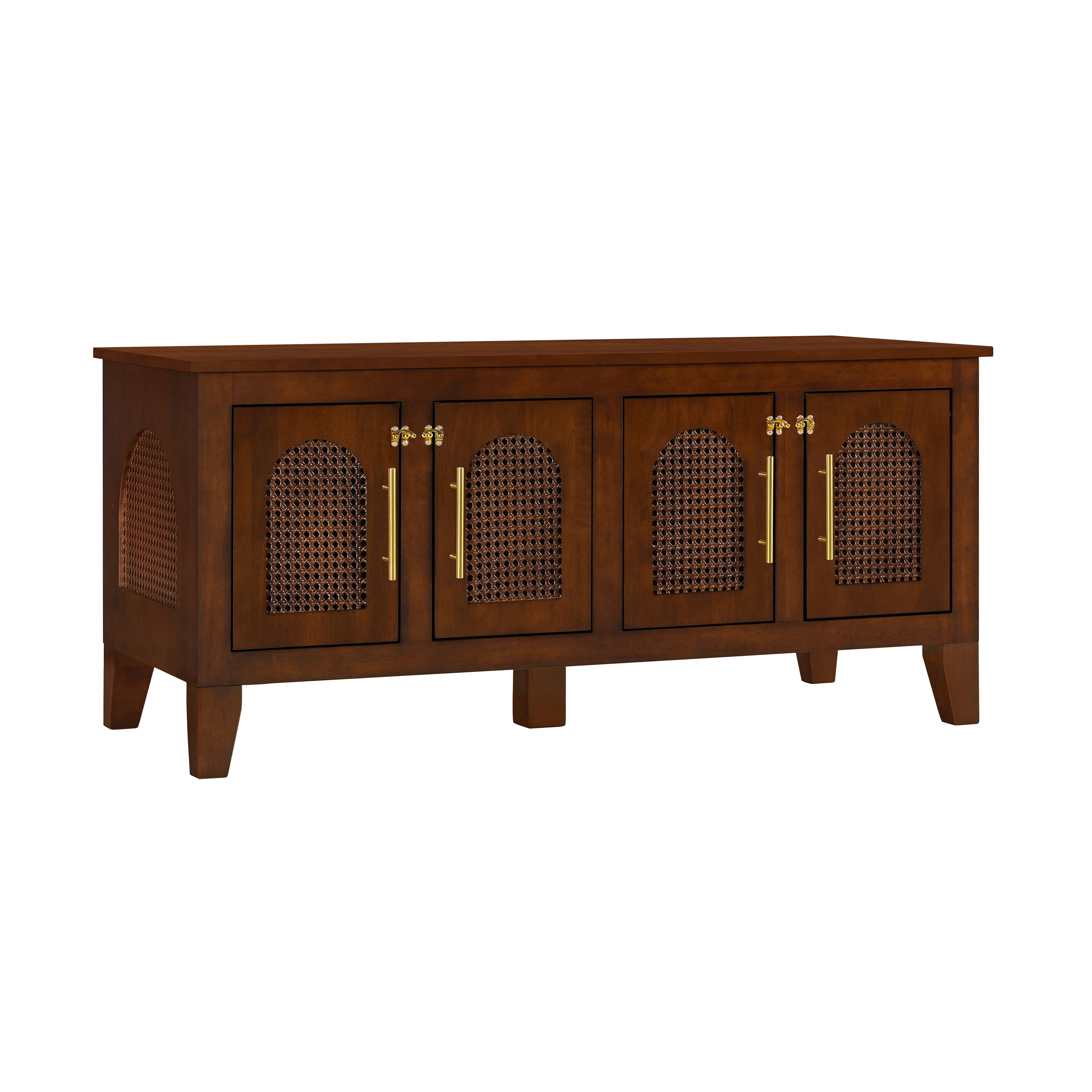 Indoor Rattan Decorated Rubber Wood Dog Crate Cabinet Furniture, Stylish Pet Kennel with 4 Doors for Living Room