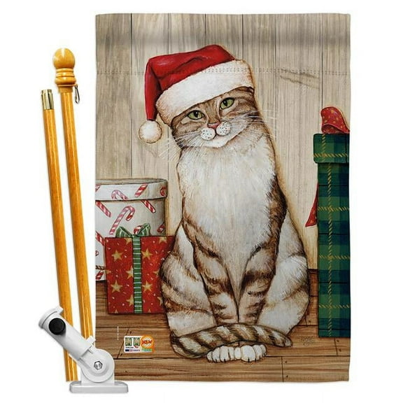 Breeze Decor BD-XM-HS-114192-IP-BO-D-US18-WA 28 x 40 in. Christmas Kitty Winter Impressions Decorative Vertical Double Sided House Flag Set & Pole Bracket Hardware