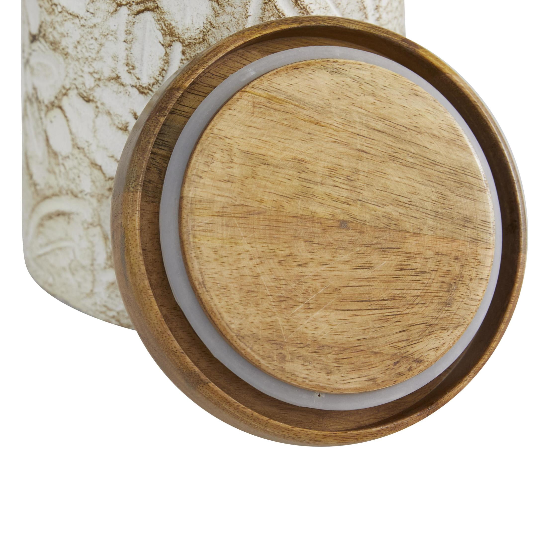DecMode 9", 11"H White Ceramic Floral Handmade Intricately Carved Decorative Jars with Wood Lids, 2-Pieces
