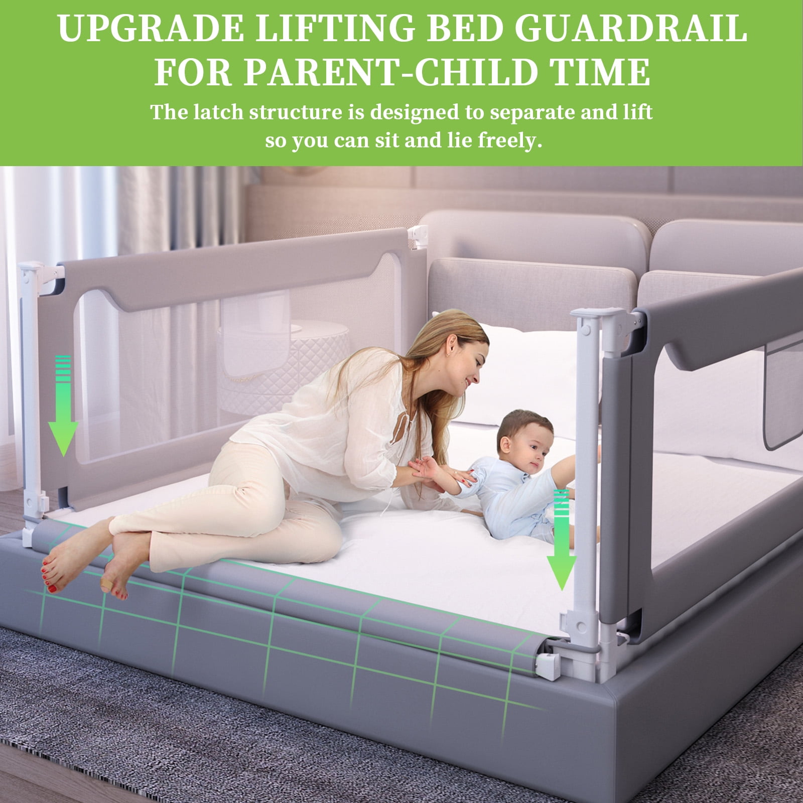 Bed Rail for Toddlers, Yadala Toddler Bed Rails with Double Child Lock for Queen King Bed, 78.7", 1PC, Gray