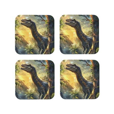 

Junzan Sunshine Jungle Dinosaur Print Coasters for Drinks - Leather Coasters Set of 4 for Coffee Table for Housewarming/Kitchen/Bar/Decor-Square