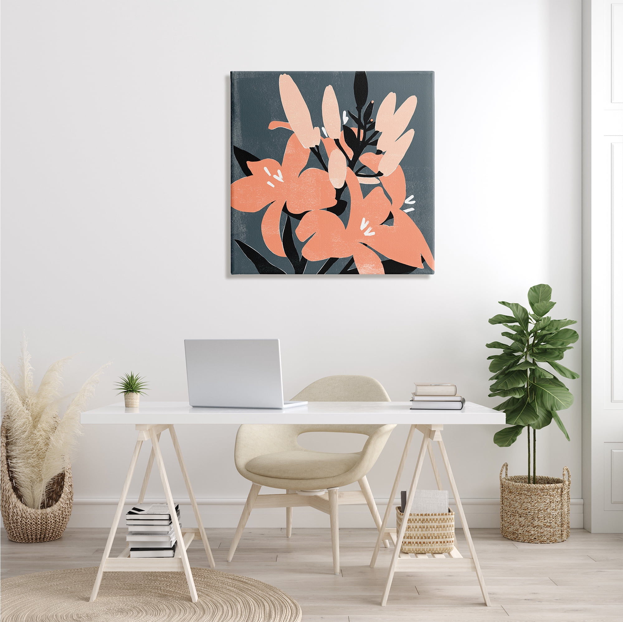 Stupell Industries Tropical Pop Pink Lilies Dark Neutral Floral Branches Botanical & Floral Painting Gallery Wrapped Canvas Print Wall Art, 30 x 30