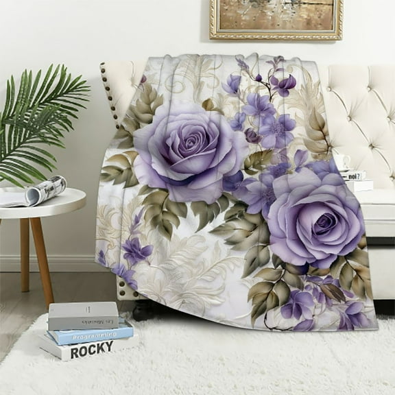 COMIO Flannel Throw Blanket Super Soft Lightweight with Flower Print for Couch, Lavender