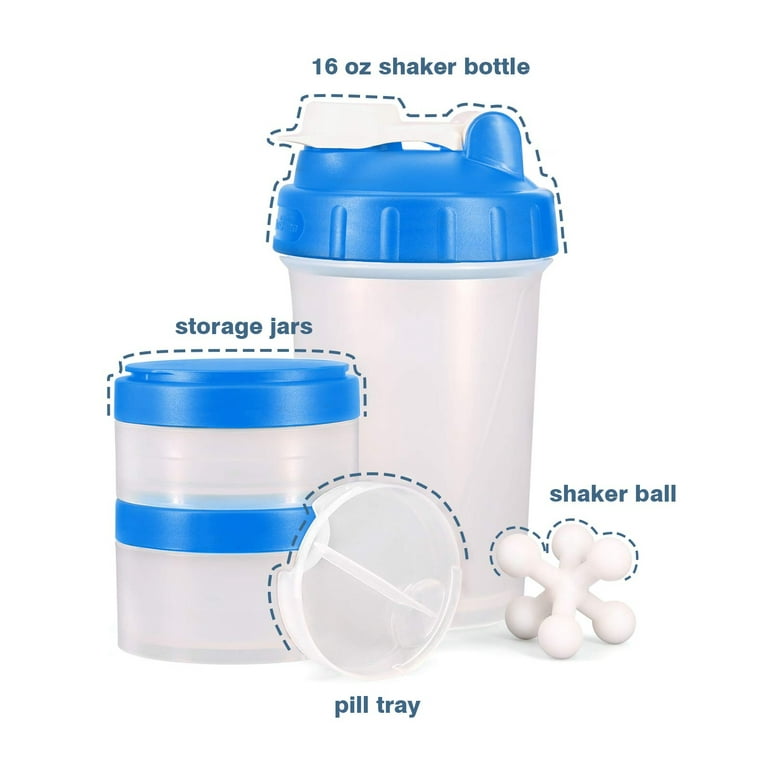 16 OZ Protein Shaker Bottle with Mixer Ball and 2 Interlocking Storage Jars  for Pills, Snacks, Coffee, Tea. 100% BPA Free,Non Toxic and Leak Proof  Sports Bottle (red 24 oz without jar