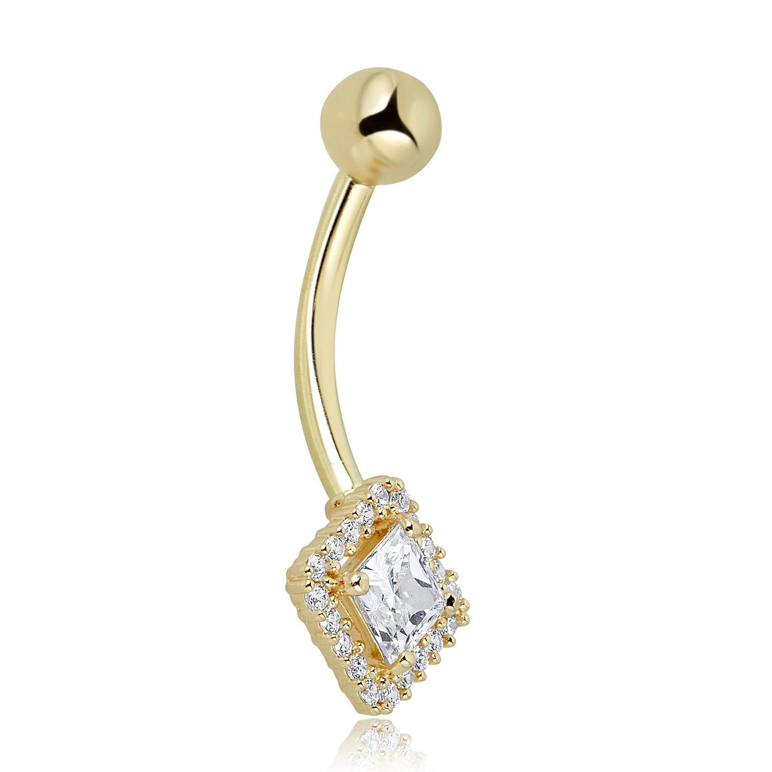 AVORA 10K Yellow Gold 4mm Princess-Cut Simulated Diamond CZ Halo Belly Button Ring Body Jewelry (14 Gauge)