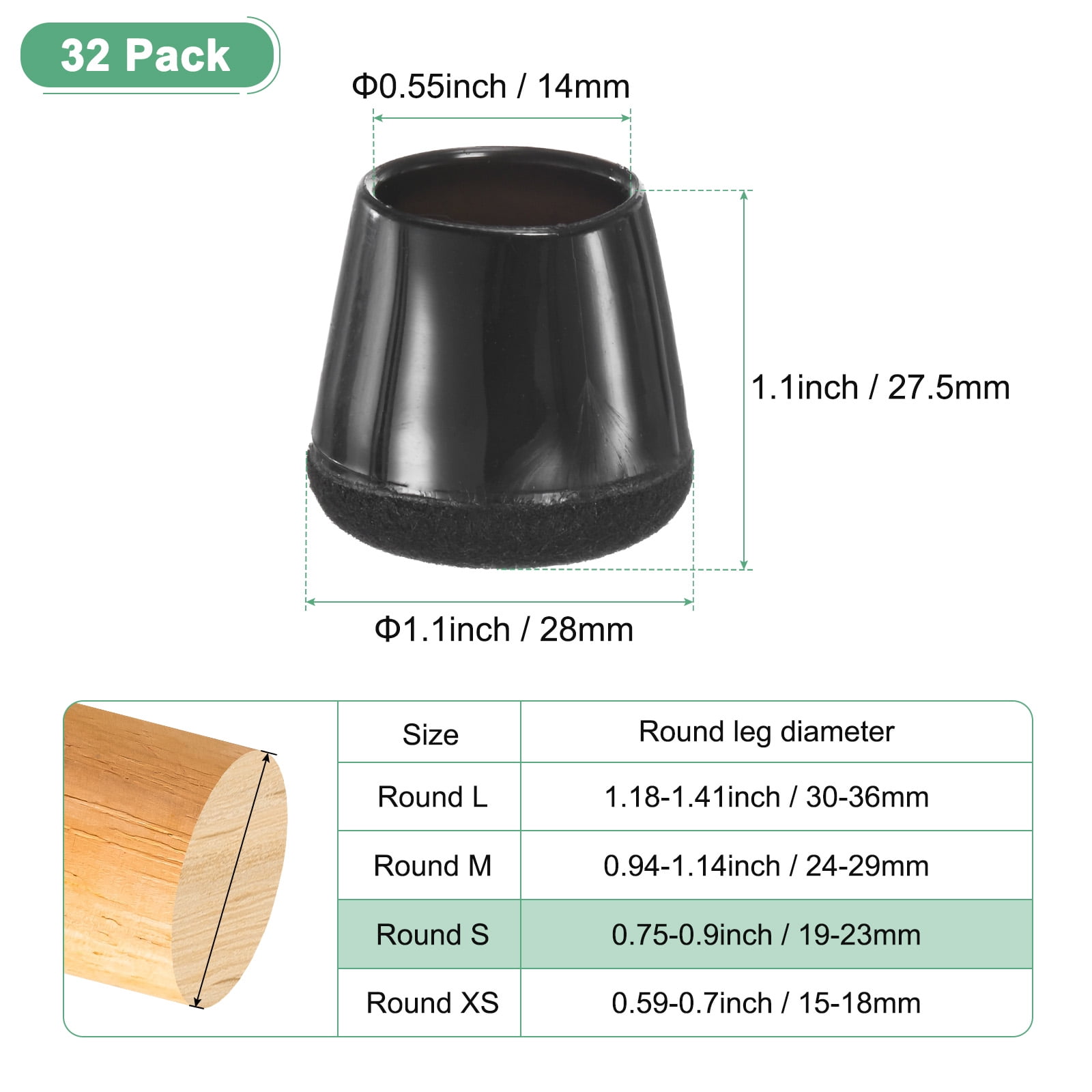 Uxcell 32-Pack Chair Leg Floor Protectors, 0.75-0.9 Inch Silicone Cups Round Felt Furniture Pads Chair Leg Covers Socks [Black]