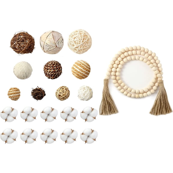 20 Pieces Decorative Balls for Bowls, Assorted Decorative Balls Set, Bowl Filler and 58 Inches Wood Bead Garland with Tassels for Table Vase Filler (Wood Color)