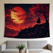 Lavish Cover 40"x30" Samurai Red Moon Cherry Blossom Tapestry, Fiery Red Dark Tone Wall Hanging for Aesthetic Room Decor