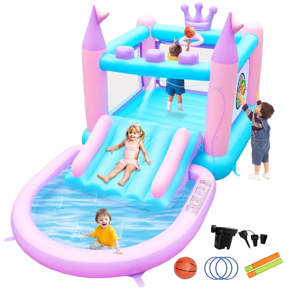 WELLFUNTIME Inflatable Water Slide for Kids Aged 3-8, PVC Bounce House Water Park with Splash Pool, Pink Bouncy Castle for Indoor Outdoor Fun
