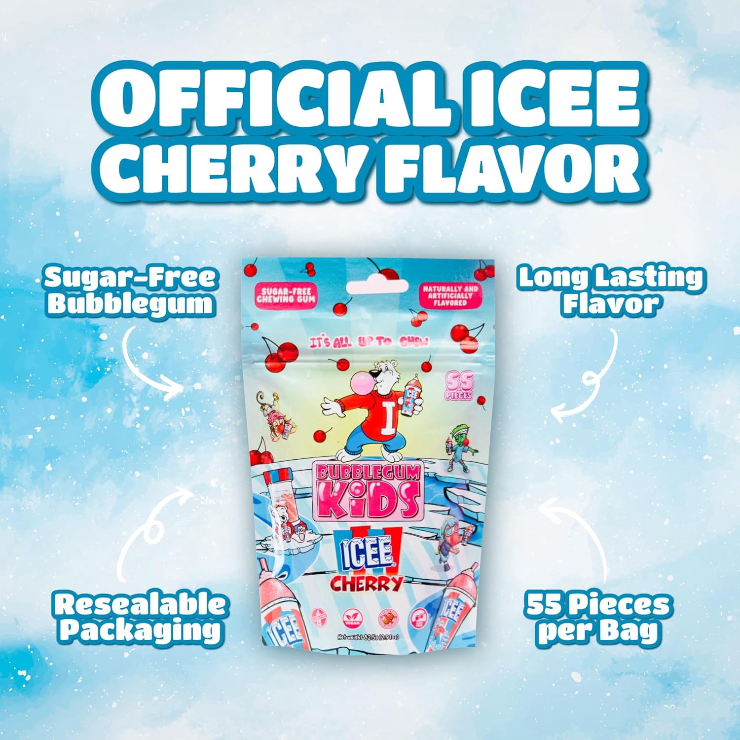 Bubblegum Kids ICEE Sugar Free Gum with Xylitol, Low Calorie Chewing Gum, Cherry Flavor, 10-Pack (55 Count/Pack)