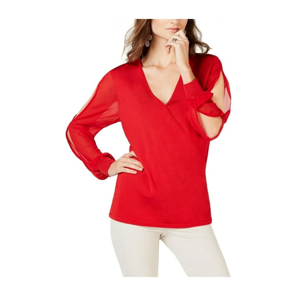 I-N-C Womens Illusion Surplice Pullover Blouse darkred XS