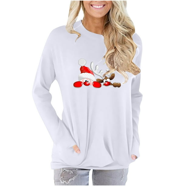 Tops Para Mujer Blusa Navideña Camisas de Manga Larga Otoño Tallas Grandes Casual Cuello Redondo Bolsillo Suelto Estampado Odeerbi ODB169725