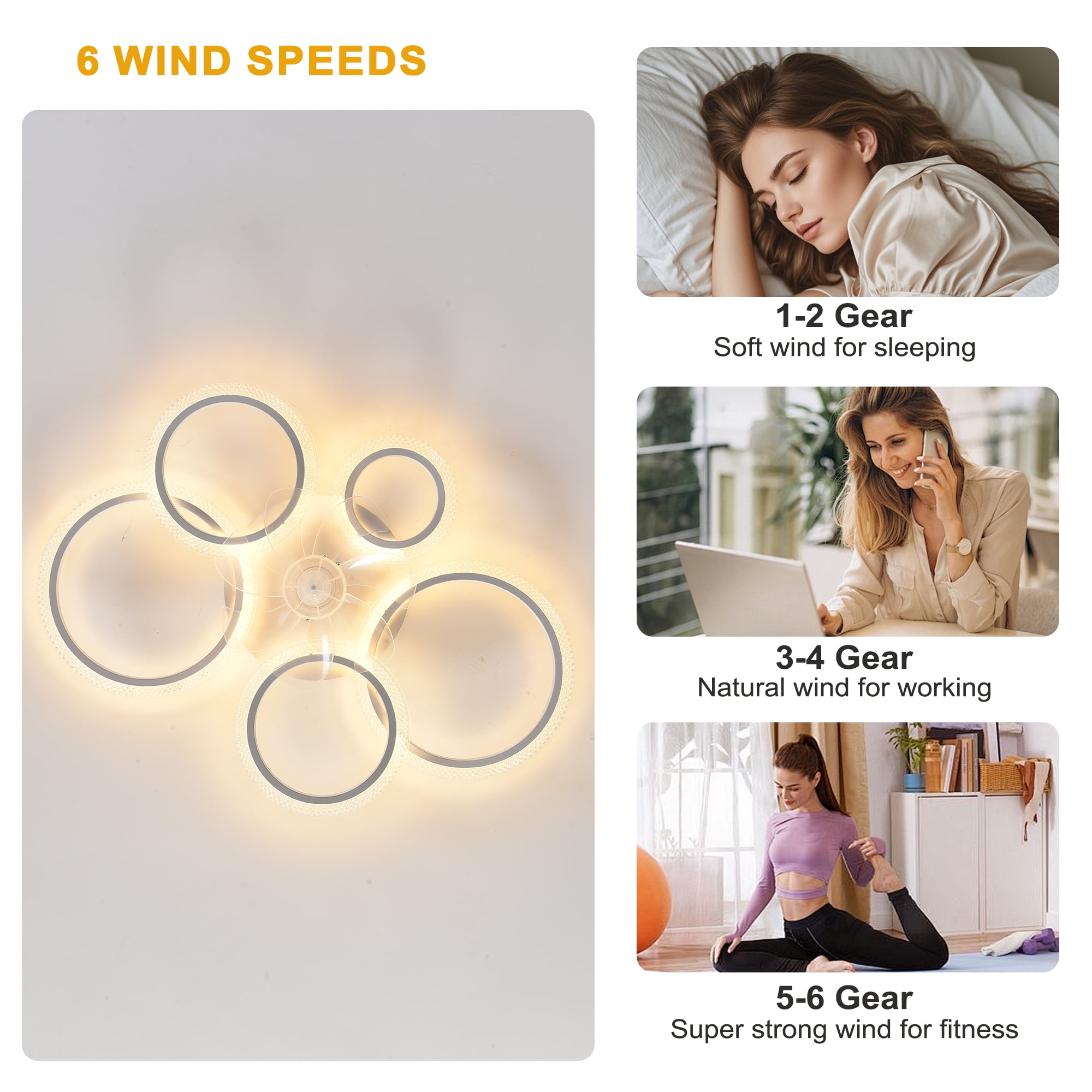 Garwarm 31.49 in. Modern Bubble Ceiling Fan with Lights, 5-Ring Low Profile Flush Mount Fan Light with Remote Control, 3 Color Temperatures, 6 Speeds for Living Room