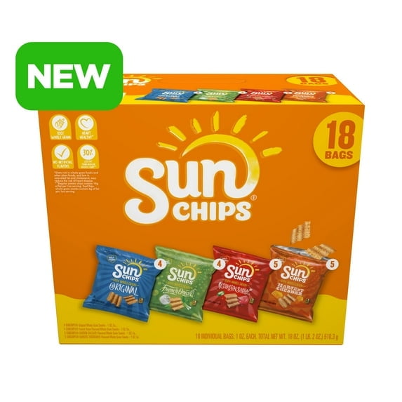 SunChips 100% Whole Grain Snacks, 4 Flavor Variety Pack, 1 oz, 18 Count,pack of 1.