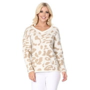 YEMAK Women's Chunky Leopard Patterned V-Neck Long Sleeve Top Sweater Pullover MK8252-IVORY/TAUPE-M