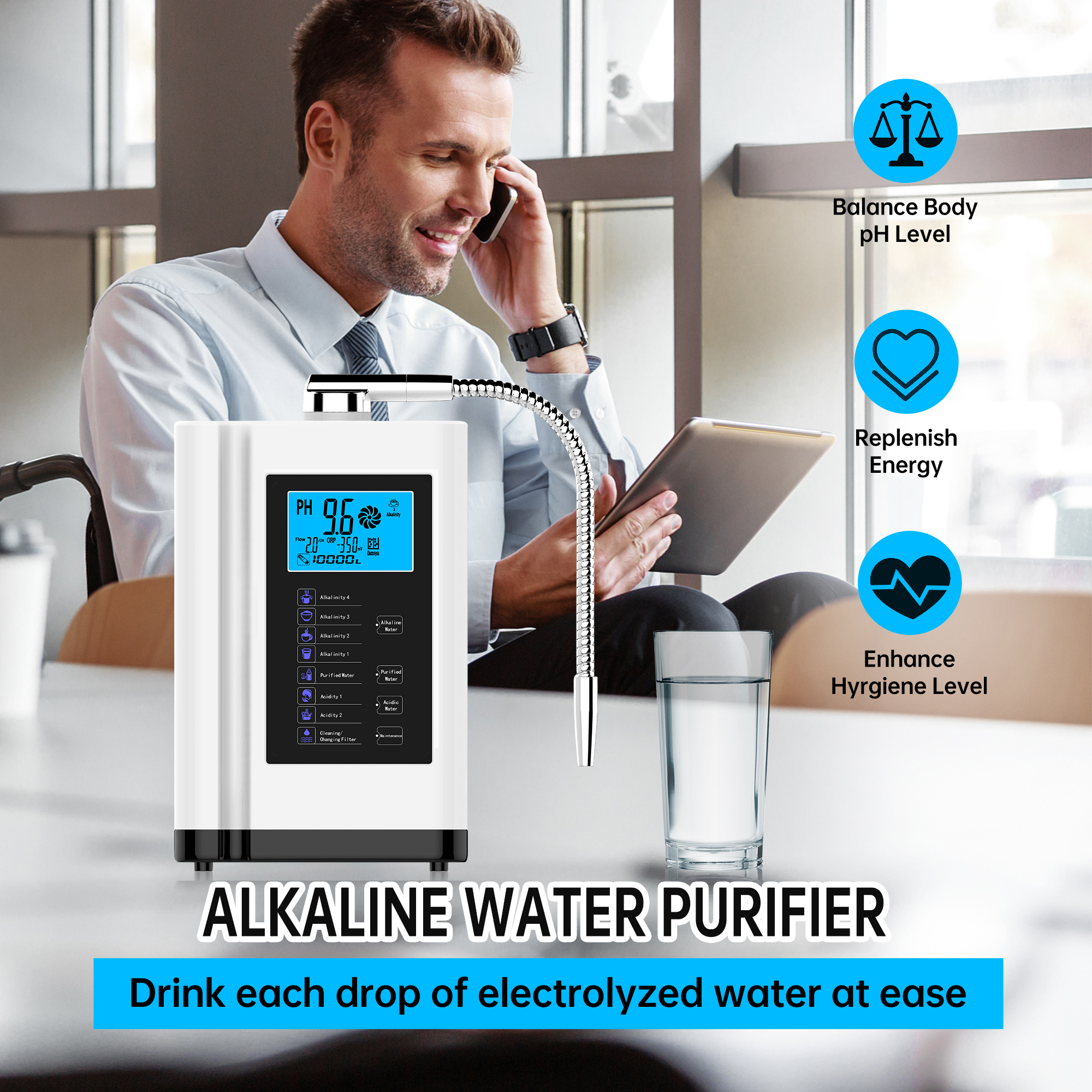 Alka Water Ionizer, Water Purifier Machine PH 3.5-10.5 Alkaline Acid Water Machine, up to -500mV ORP, 8000 Liters per filter,7 Water Settings, Auto-cleaning,Intelligent Voice White)