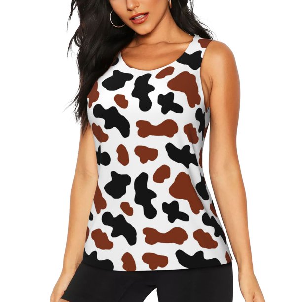 Fotbe Brown Black Cow Blusas Sin Mangas para Mujer – Estilo Casual, Corte Suelto, Slim-Fit, Cuello Redondo Deportivo, Tops de Verano para Gimnasio y Yoga-Small