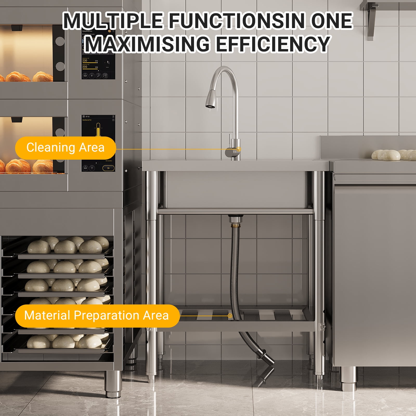Freestanding Commercial Stainless Steel Sink,Single Bowl Kitchen Sink with Water Pipes,Adjustable Legs,Suitable for Laundry Room,Farmhouse(Water Pipe)