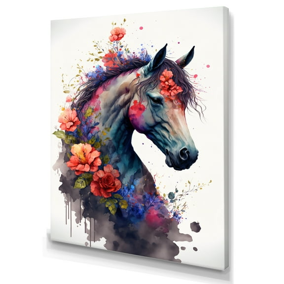 Designart Cute Horse Floral Art I Canvas Wall Art