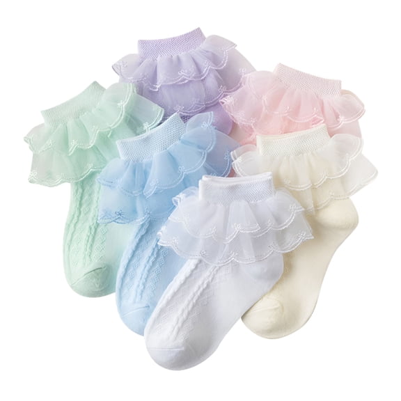 TELOLY 6 Pairs Little Girls Cotton Lace Socks Ruffle Eyelet Frilly Ankle Princess Casual Dress Socks for Infant Toddlers Kids Gift Set 1-12 Years