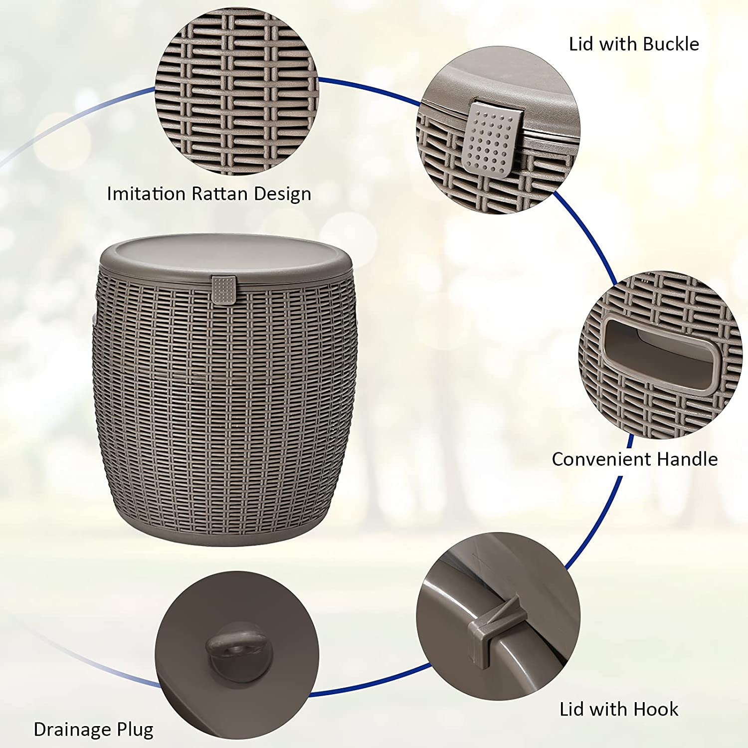 FASCK 9.5 Gallon Ice Cooler, Wicker Round Ice Chest, Outdoor Beer Wine Ice Bucket, Top Lid Side Handles Drainage Plug, Weather-resistant Patio Cool Bar Table for Cocktail Party Poolside Deck