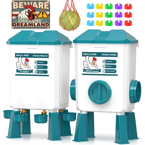 Chicken Feeder and Waterer Set - 3 Gallon/26.5 Pounds, Automatic Chicken Waterer with 4 Cups & 3 Feeder Ports, No Waste Poultry Feeders & Waterers, Chicken Coop Accessories for Hens/Ducks/Poultry