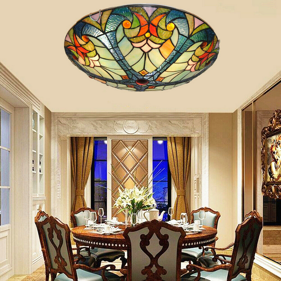 KPIBEST 16" Stained Ceiling Light Tiffany Flush Mount Ceiling Light Fixture for Dining Living Room Entryway Foyer Multi-color Finish 3-Light 110V