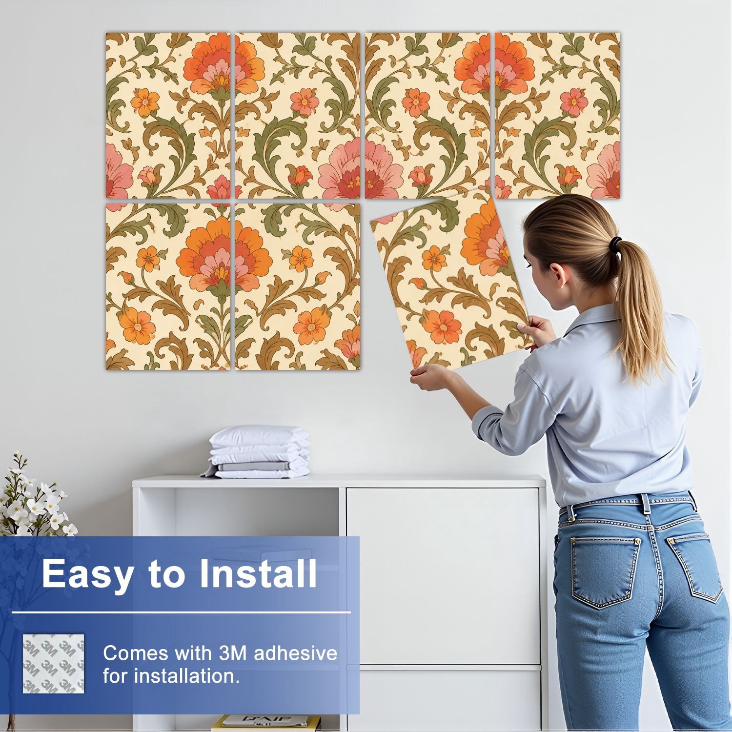 8 Pack Art Acoustic Panels Sound Absorbing Orange Pink Flowers Green Leaves 1960s Retro Vintage Decorative Soundproof Wall Panels Self Adhesive for Nursery Game Room Bedroom 48"x32"