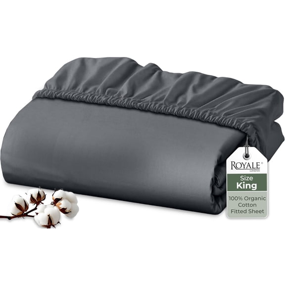 Royale Linens 100% Organic Cotton Fitted Sheet - Percale Weave - Super Soft Deep Pocket Bottom Sheets - Grey Elastic Sheet King Size - King Fitted Sheets Only - (78"x80"+15", Grey)